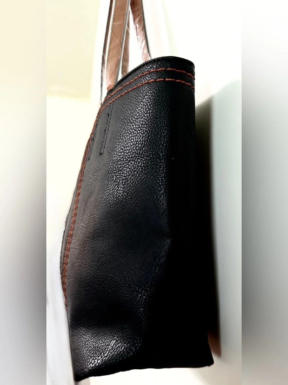 Montana West Black Tote Shoulder Bag Contrast Stitch Vegan Leather Zip Top - Picture 12 of 16